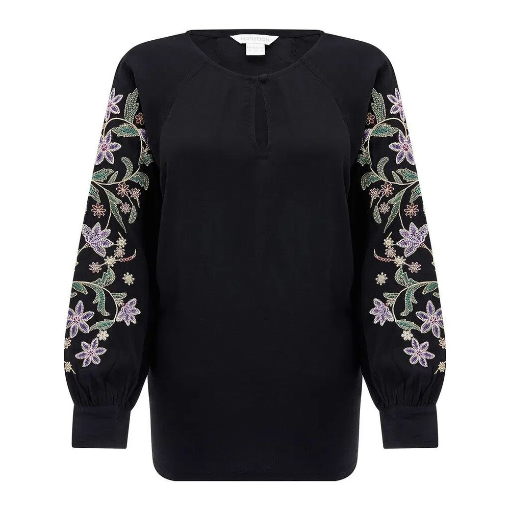 Monsoon Edith Black Embroidered Sleeve Boho Purple Floral Keyhole Blouse Sz14NWT